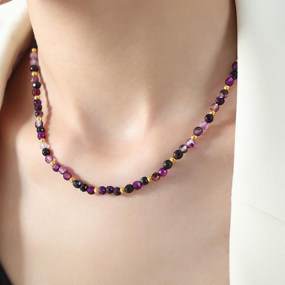 1 pezzo elegante collana di perline in agata color oro in acciaio inossidabile da donna 2