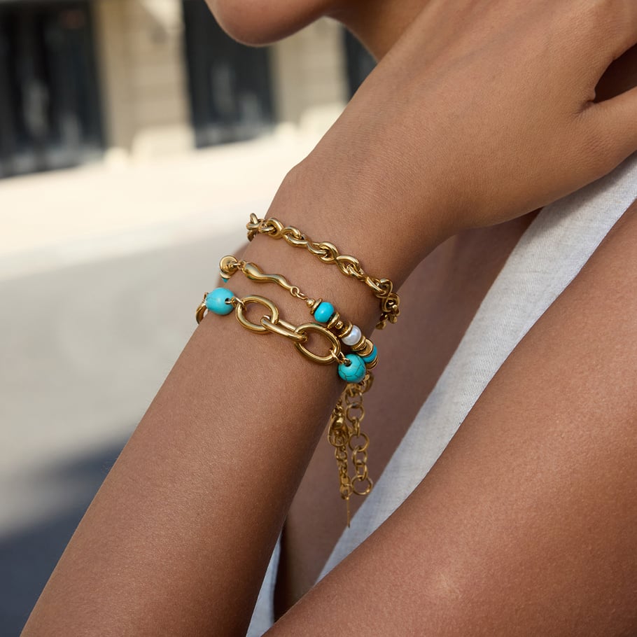 1 Piece Retro Calaite Beads Chain Stainless Steel Gold Color Women's Beaded Bracelets Picture3