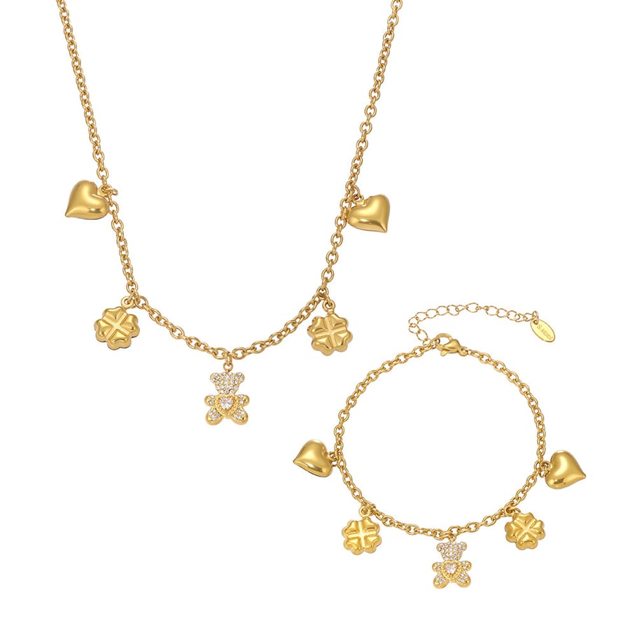 Cute Bear Clover Stainless Steel Gold Color Women's Jewelry Sets Picture9
