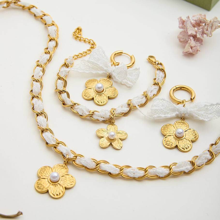 Romantic Flower Lace Stainless Steel Gold Color Women's Jewelry Sets Picture3