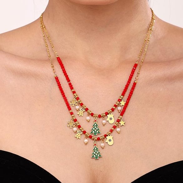 Colliers à pendentif classiques en acier inoxydable et zircon couleur or pour femme, motif sapin de Noël 2