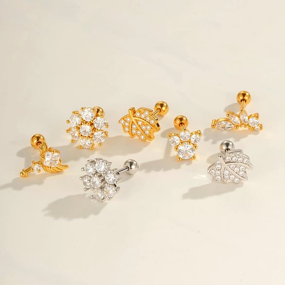 1 Piece Flower Heart Copper Gold Color Zircon Piercing Earring 2