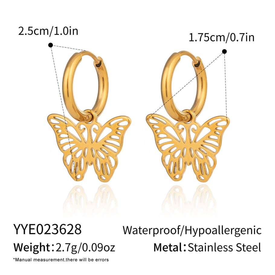 1 Pair Romantic Butterfly Stainless Steel Gold Color Women's Drop Earrings 