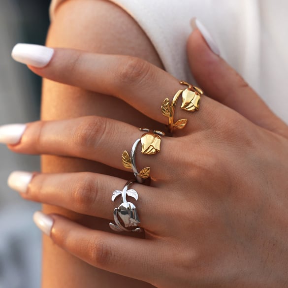 1 Stück Retro Flower Rose Edelstahl Gold Farbe Damen Statement Ringe 2