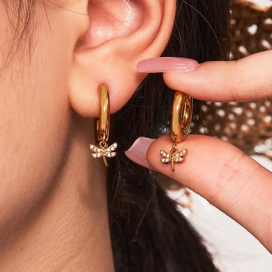 1 Pair Exquisite Dragonfly Stainless Steel Gold Color Zircon Women's Drop Earrings h5 Picture3