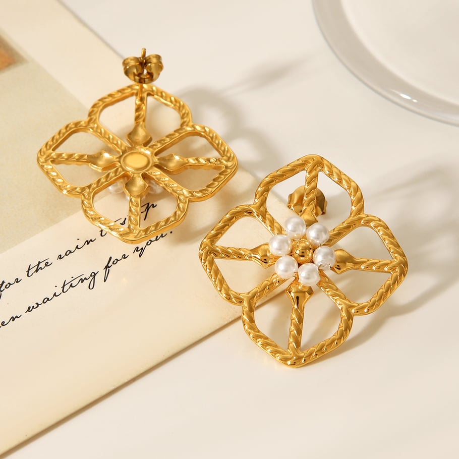 1 Pair Flower Stainless Steel   Gold Color  Pearl Women's Stud Earrings Picture6