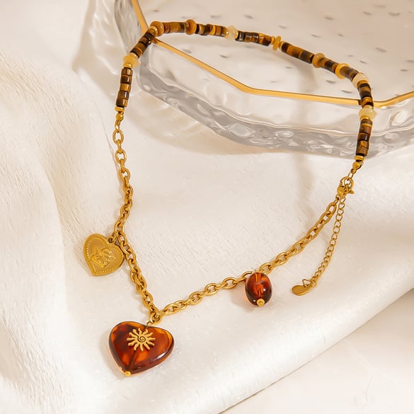 1 Stück einfache tägliche Herz-Edelstahl-Goldfarben-Perlenketten für Damen 2