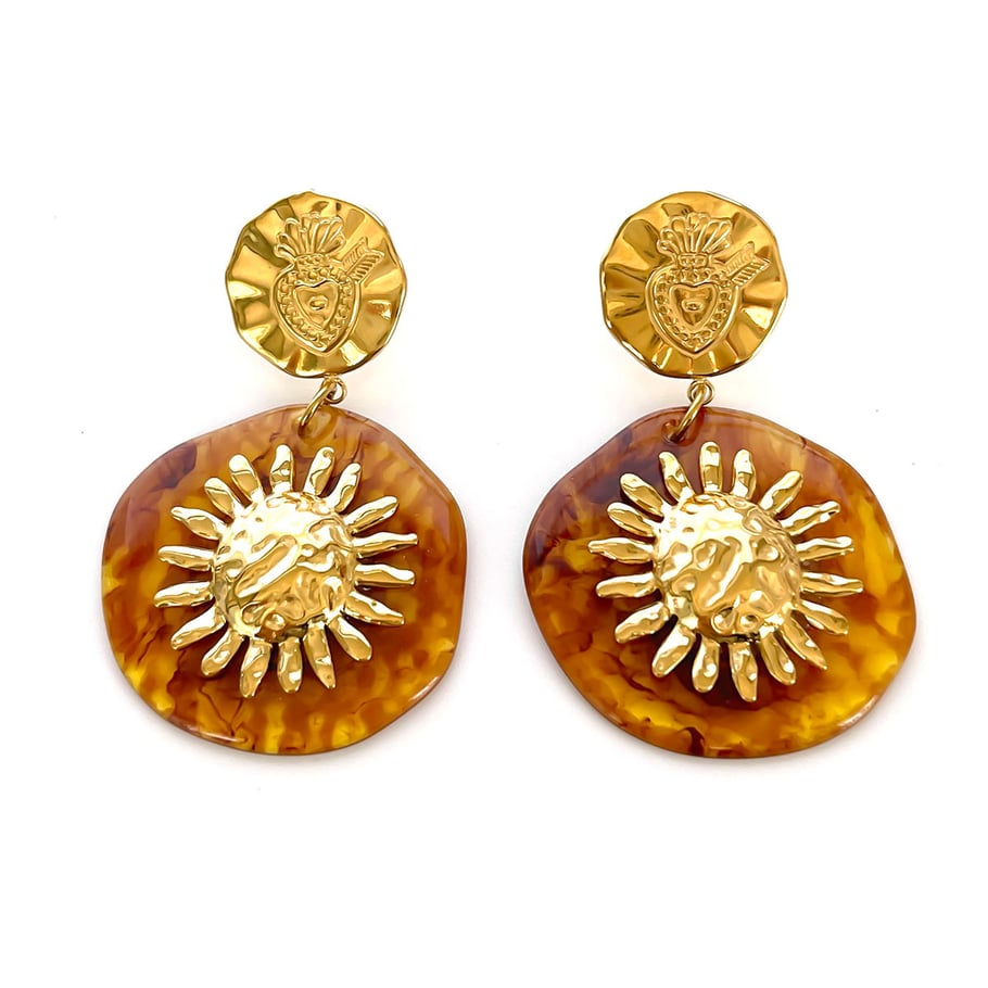 1 Pair Stainless Steel Flower Gold Color Resin Drop Earrings