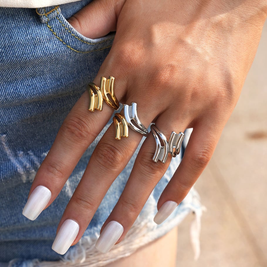 Anillos llamativos de acero inoxidable dorados con forma irregular informal de 1 pieza Imagen8