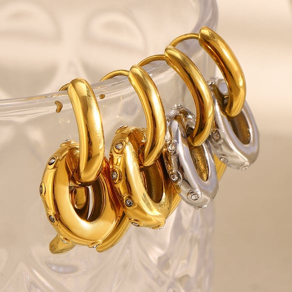 1 Pair Daily Circle Stainless Steel Gold Color Zircon Women's Drop Earrings 2