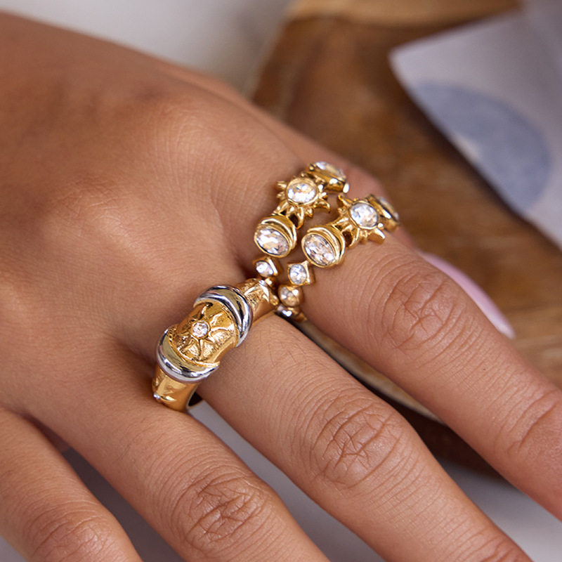 1 Piece Delicate Sun&Moon Stainless Steel Gold Color Zircon Women's Gemstone Rings Picture5