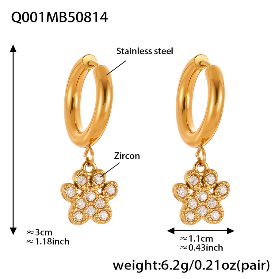 1 Pair Romantic Dog's Paw Stainless Steel Gold Color Zircon Women's Drop Earrings