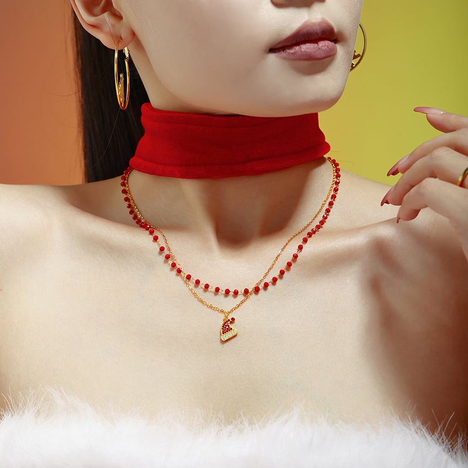 Set di gioielli da donna in acciaio inossidabile color oro con cappello di Babbo Natale e zirconi Immagine3