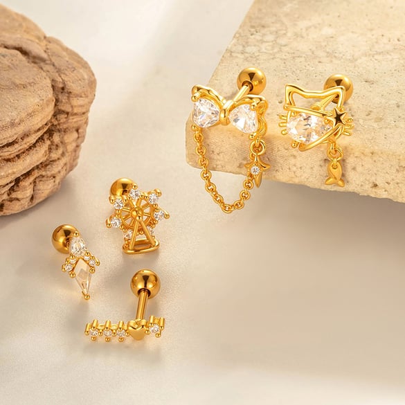 1 Parça Fiyonk Düğüm Bakır Altın Rengi Zirkonyum Piercing Küpe 2