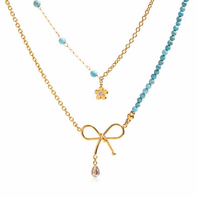 1 Piece Elegant Bow Knot Beads Stainless Steel Gold Color Women's Layered Necklaces h5 