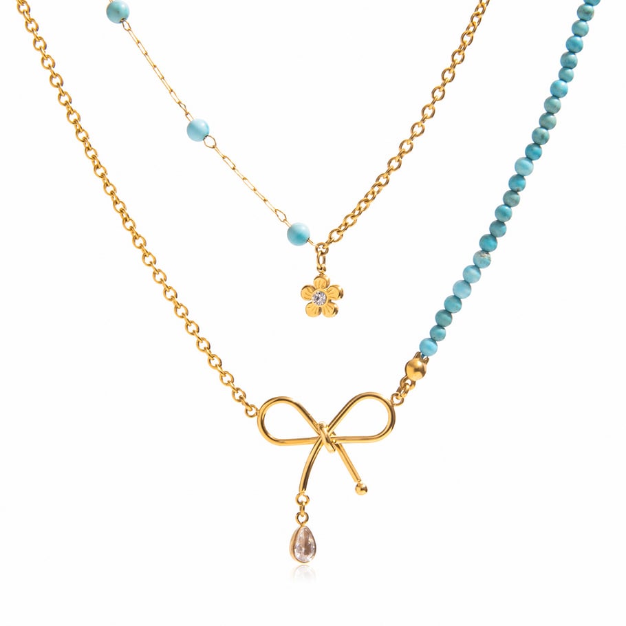 1 Piece Elegant Bow Knot Beads Stainless Steel Gold Color Women's Layered Necklaces 