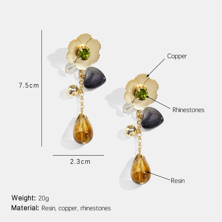 1 Pair Retro Flower Heart Resin Bead Dangle Earrings Picture2