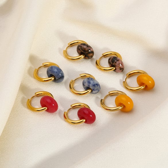 1 Pair Vintage Circle Stainless Steel Gold Color Natural Stone Women's Drop Earrings 2