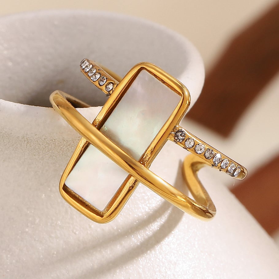 1 Piece Elegant Rectangular Stainless Steel Gold Color Shell Statement Rings Picture6