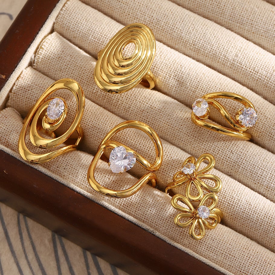1 Adet Düzensiz Şekilli Paslanmaz Çelik Altın Renkli Zirkon Taşlı Kadın Yüzükleri Resim2