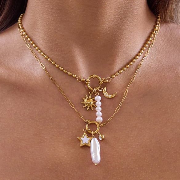 Collier avec pendentif en forme de cœur et de soleil en acier inoxydable doré et perle pour femme