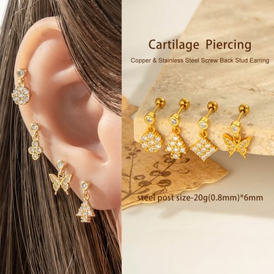 1 stuk vlinder koper goudkleurige zirkoon piercing oorbel h5 Afbeelding4