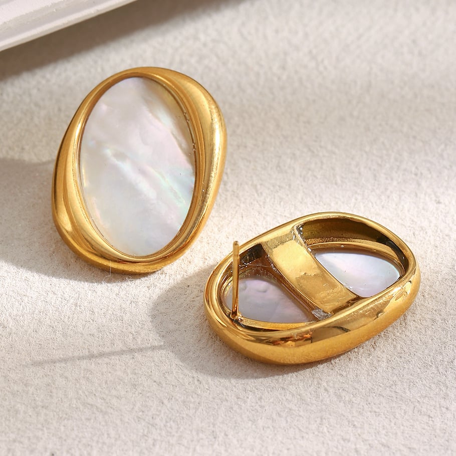 Anillos llamativos de concha de color dorado, de acero inoxidable ovalado retro, de 1 pieza Imagen7