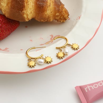 1 Pair Luxurious Sun Stainless Steel Gold Color Pearl Women's Hoop Earrings h5 Picture8