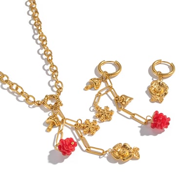 Conjunto de collar romántico de acero inoxidable en color dorado con flor de uva h5 Imagen6