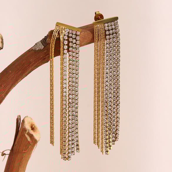 1 Pair Exquisite Tassel Stainless Steel Gold Color Zircon Women's Dangle Earrings