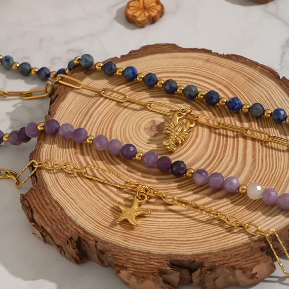 Collier de perles en pierre naturelle couleur or en acier inoxydable, 1 pièce