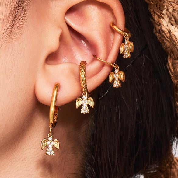 1 Pair Classic Angel Stainless Steel Gold Color Zircon Women's Drop Earrings 2