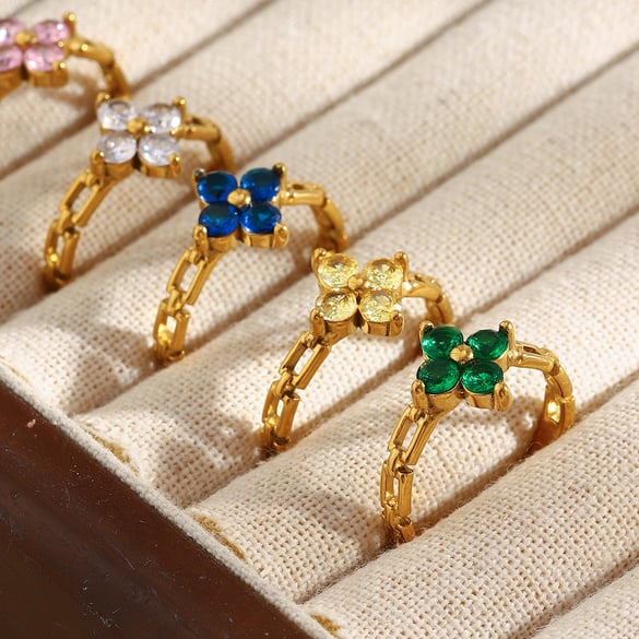 1 Piece Elegant Flower Stainless Steel  Gold Color Zircon Women's Gemstone Rings