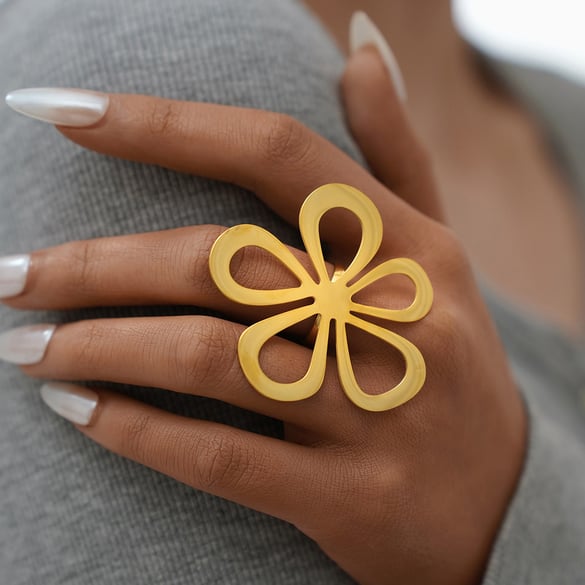 Anillos llamativos de acero inoxidable dorado con diseño de flor retro para mujer, 1 pieza 2