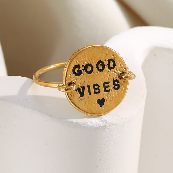 1 Piece Daily Good Vibes Stainless Steel Gold Color Statement Rings
