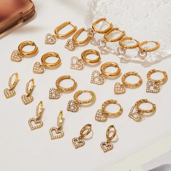 1 Pair Exquisite Heart Stainless Steel Gold Color Zircon Women's Drop Earrings
