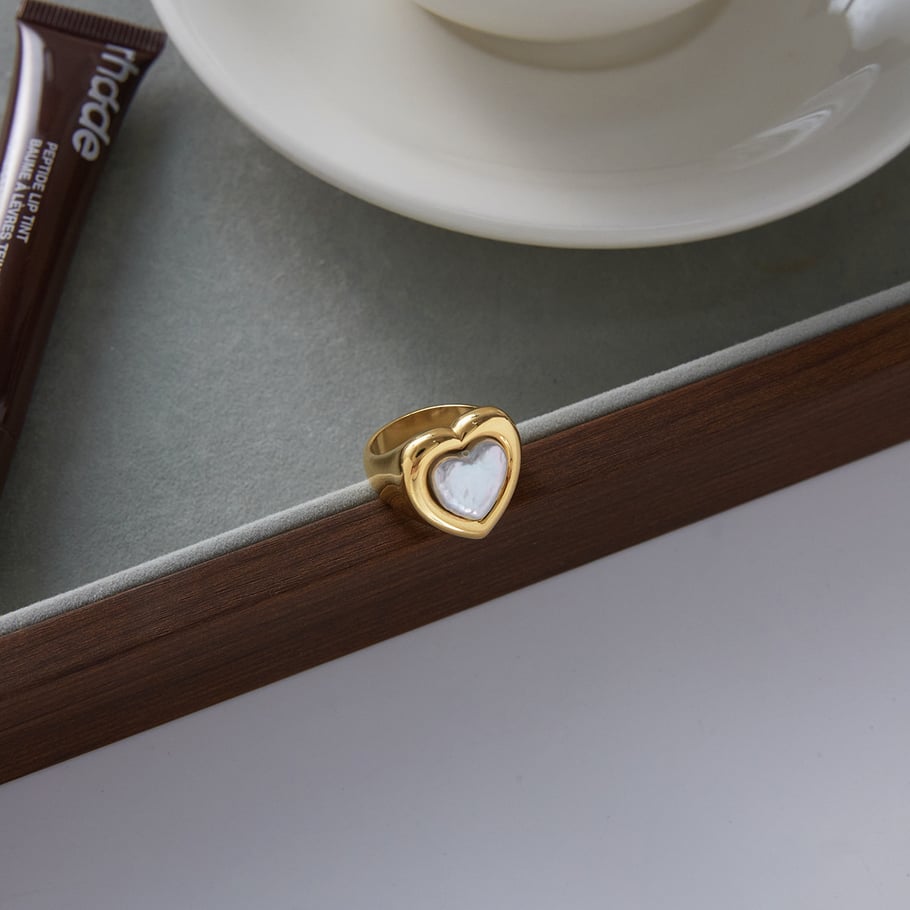 1 pezzo di anello romantico a forma di cuore con perla in acciaio inossidabile color oro Immagine6