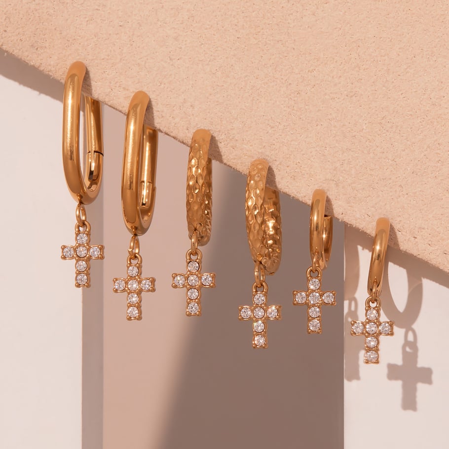 1 Pair Daily Cross Stainless Steel Gold Color Zircon Women's Drop Earrings Picture5