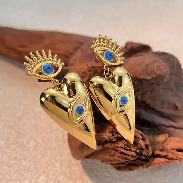 1 paar Devil&#39;s Eye Heart oorbellen van roestvrij staal met gouden hanger 2