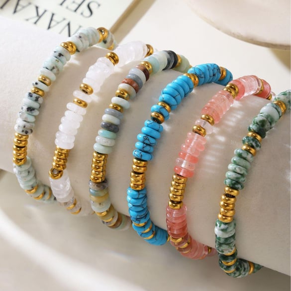 Braccialetti con perline da donna in acciaio inossidabile color oro con perline in pietra naturale retrò da 1 pezzo