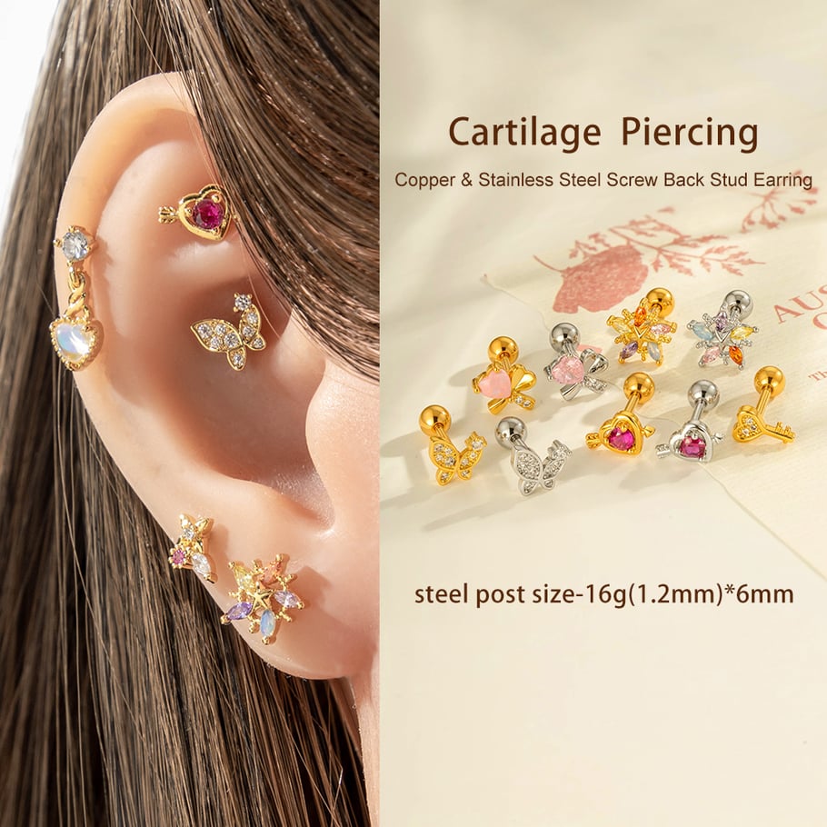 1 stuk hart vlinder koper goud kleur zirkoon piercing oorbel Afbeelding4