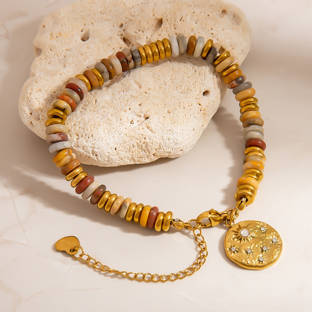 1 Piece Natural Stone Stainless Steel Gold Color Beaded Bracelet