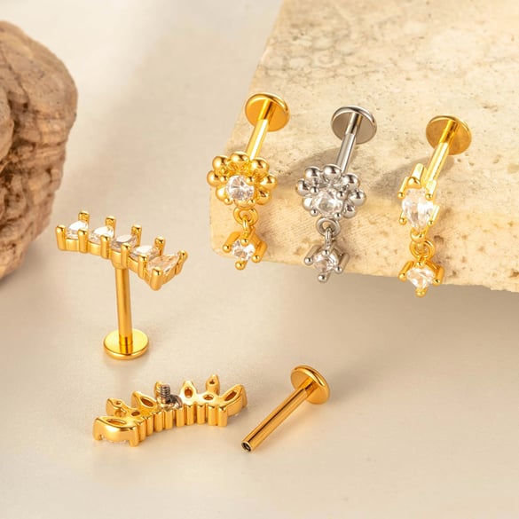 1 Adet Çiçek Ay Bakır Altın Rengi Zirkonyum Piercing Küpe