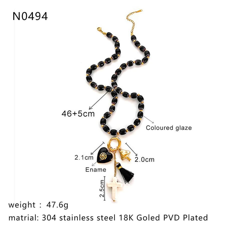 Collier de perles en acier inoxydable avec cœur rétro, 1 pièce Image2