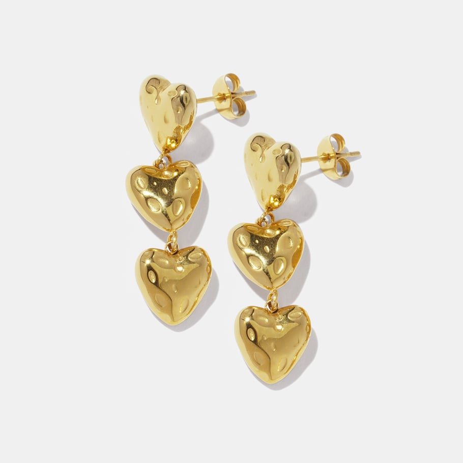 1 Pair Heart Hammer Pattern Stainless Steel Gold Color Dangle Earrings 