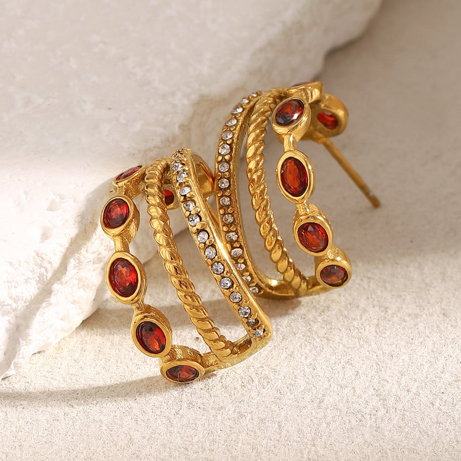 1 par de pendientes de aro clásicos de acero inoxidable con circonita roja en color dorado para mujer Imagen3