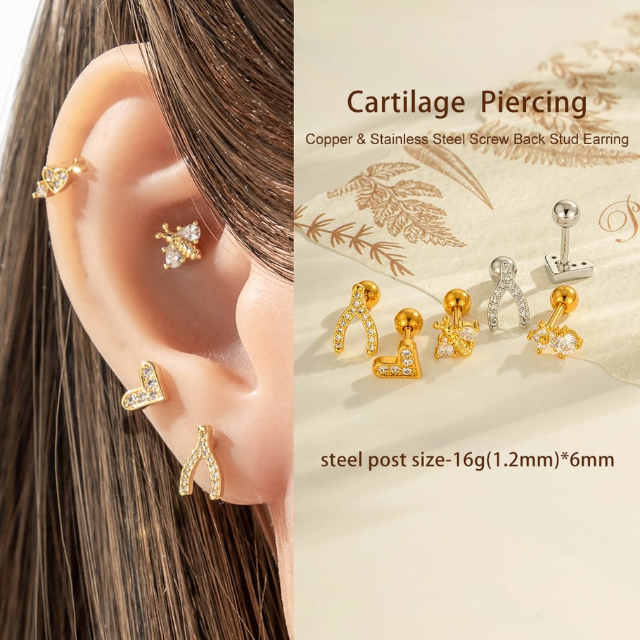 1 stuk hart koper goud kleur zirkoon piercing oorbel Afbeelding4