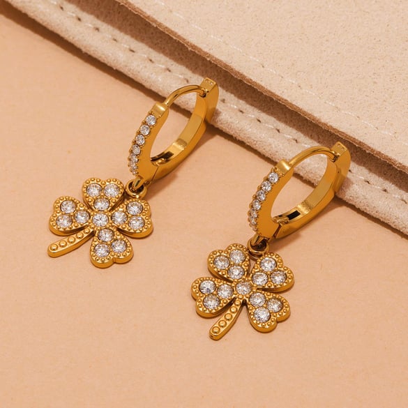 1 Pair Elegant Clover Stainless Steel Gold Color Zircon Women's Drop Earrings