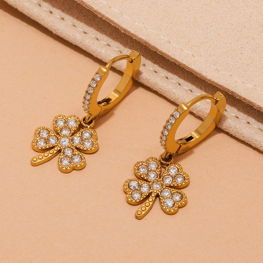 1 Pair Elegant Clover Stainless Steel Gold Color Zircon Women's Drop Earrings Picture2