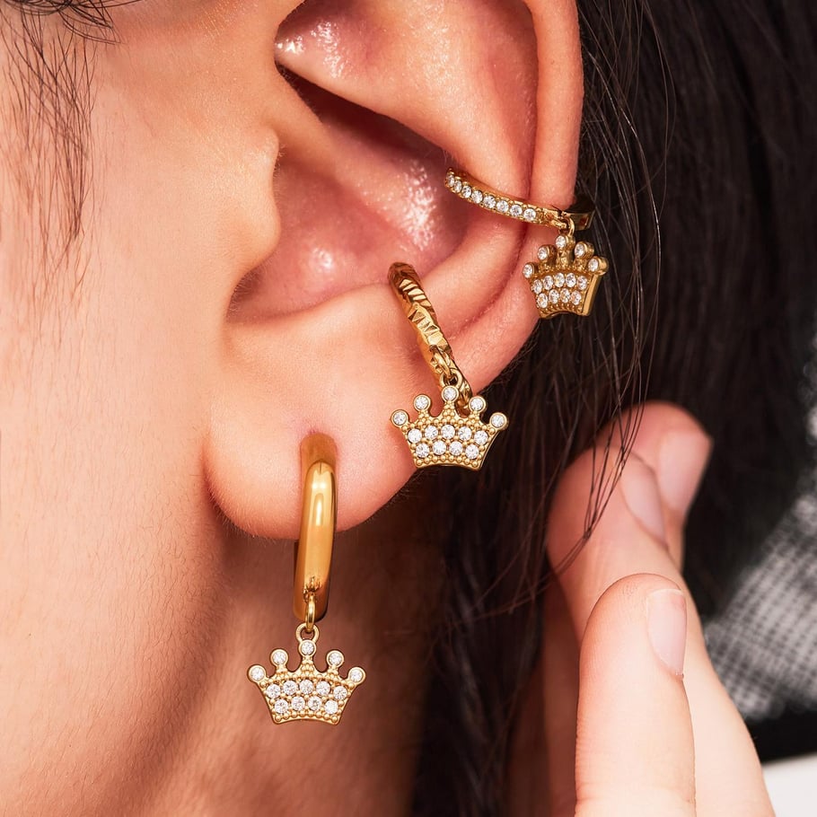 1 Pair Elegant Crown Stainless Steel Gold Color Zircon Women's Drop Earrings Picture3